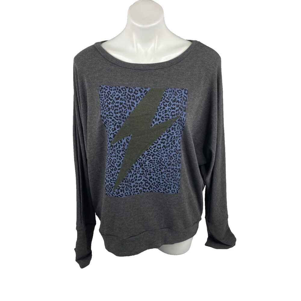 Mystree Women Large Top Grey Blue Leopard Print Lightning Bolt NWT